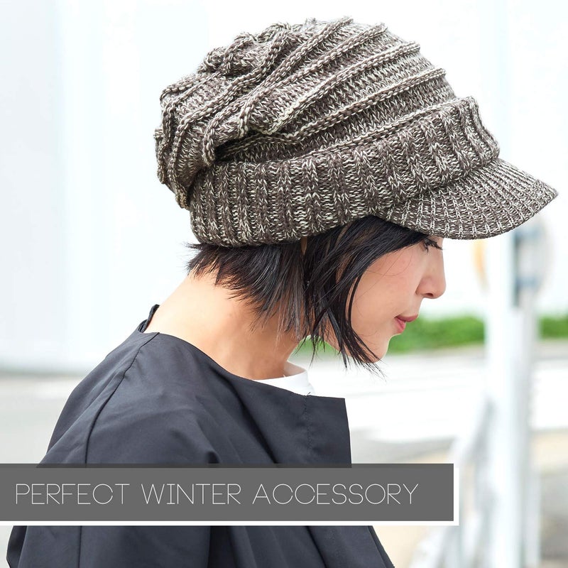 CHARM Slouchy Beanie Brim Hat - Mens Slouch Cap Womens Warm Slouchy Brim Cable Knit with Brimmed Visor Mix Black - Image 2